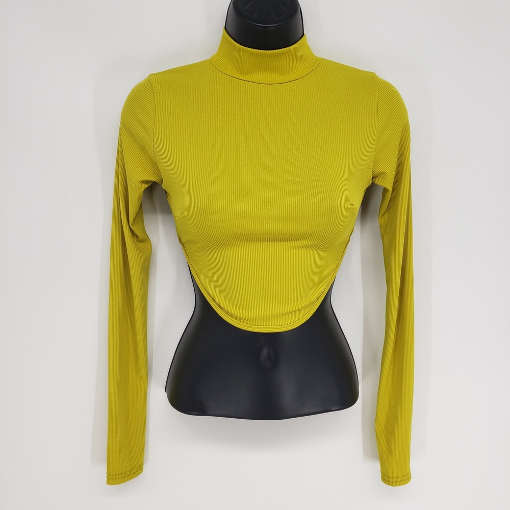 Nasty Gal Ribbed Open Back Crop Top Sz 2 Chartreuse Yellow Mock Neck Long Sleeve
